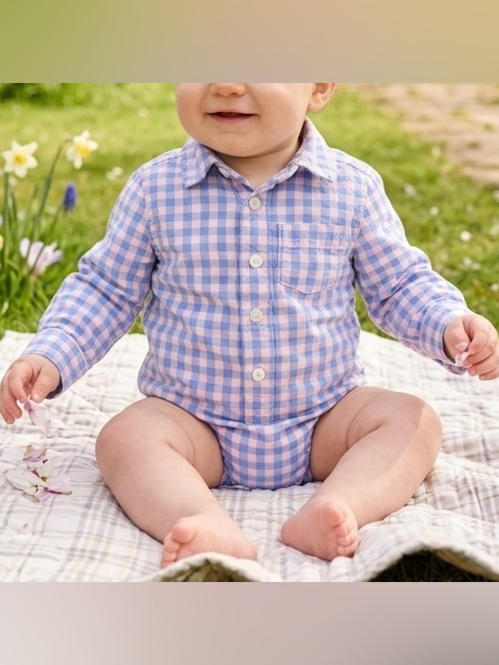 9M OshKosh B'gosh Baby Boys Blue Pink Gingham Plaid Long Sleeve Button Bodysuit